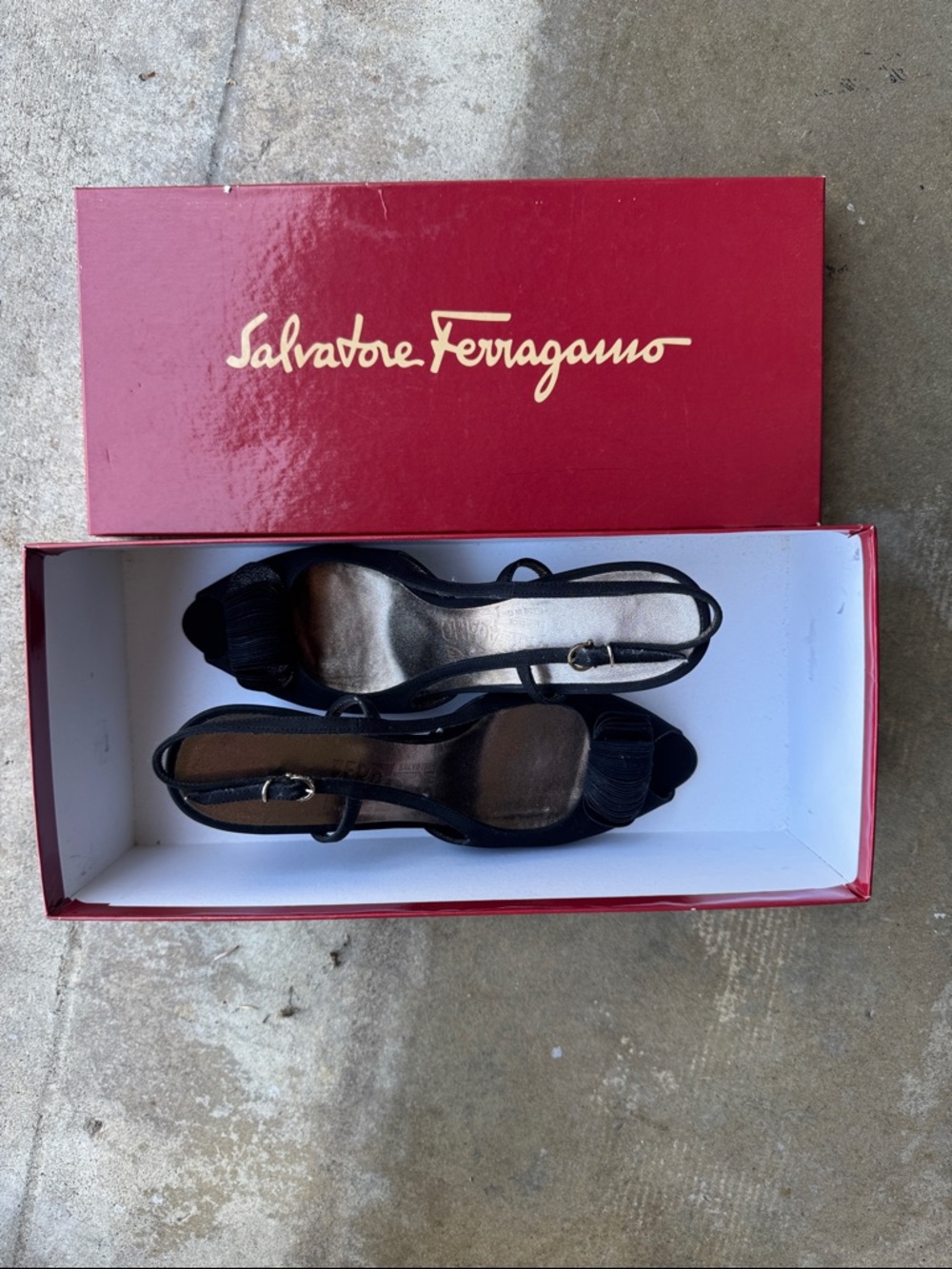 Vintage Salvatore Ferragamo Black Slingback Open-Toe Heels with Bow Detail
